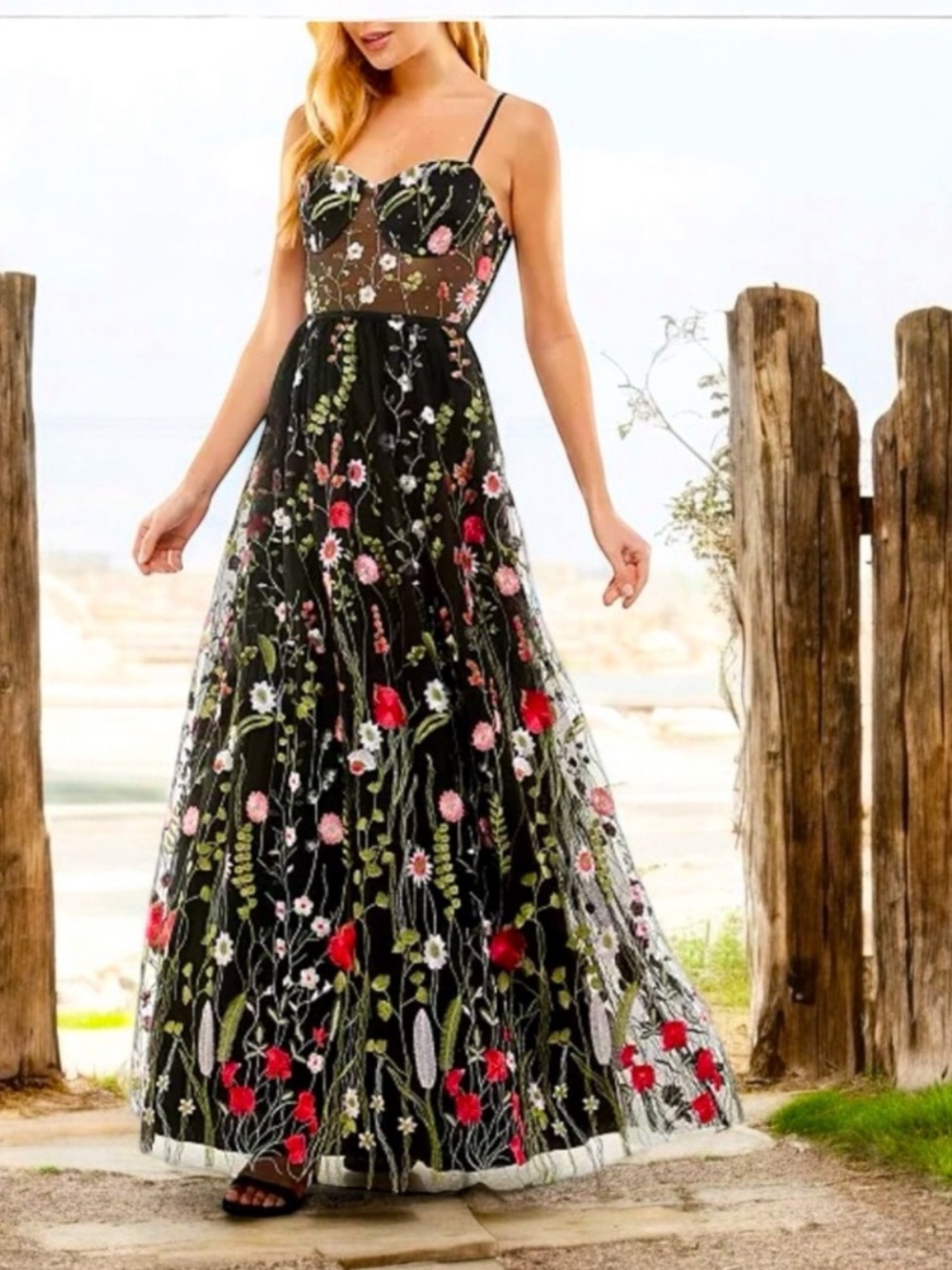 City Studio Floral Embroidered Illusion Corset Gown Size 13 / 14